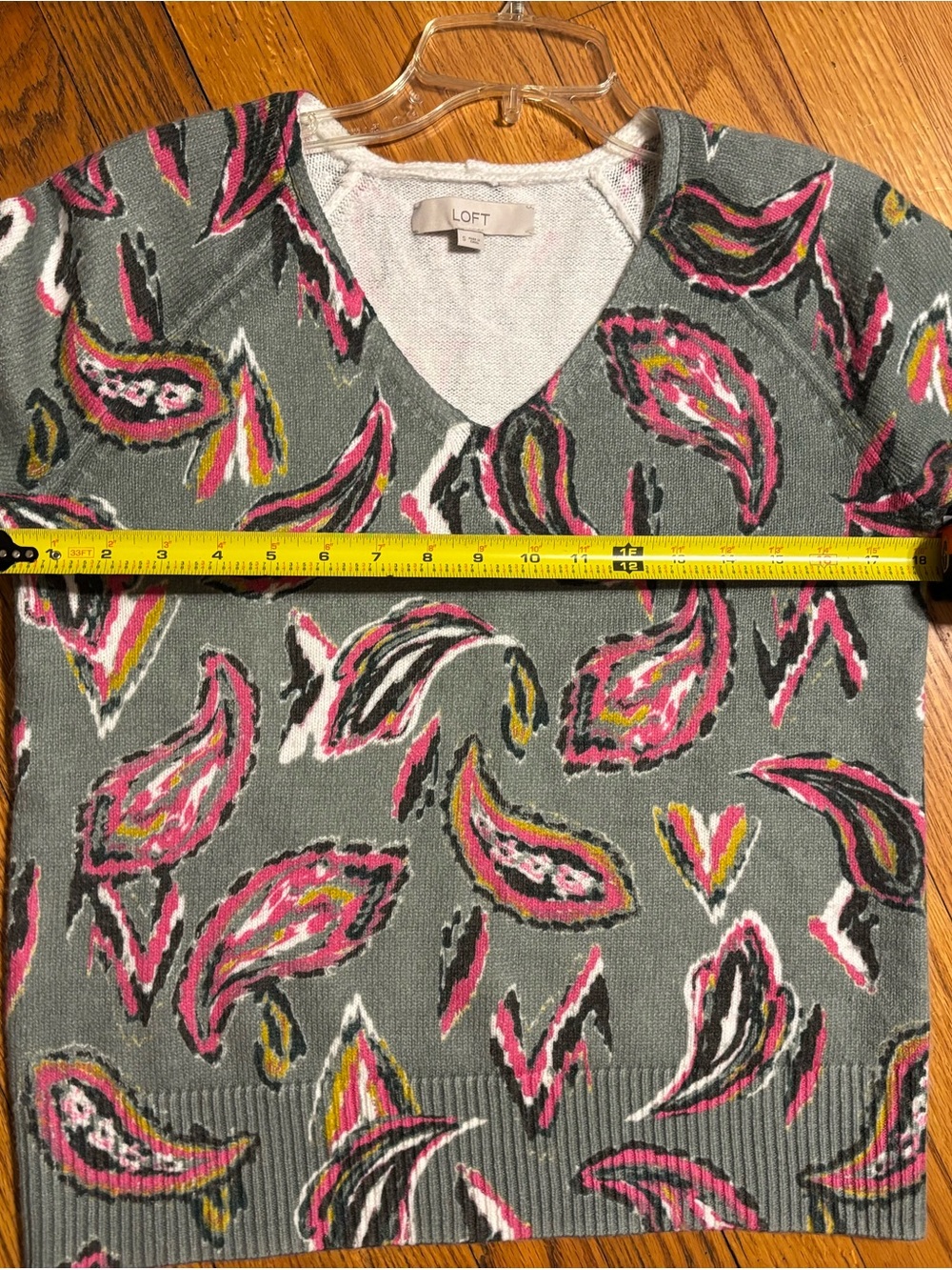 LOFT Sage Green V-Neck Sweater with Pink Paisley Accents - Picture 10 of 10
